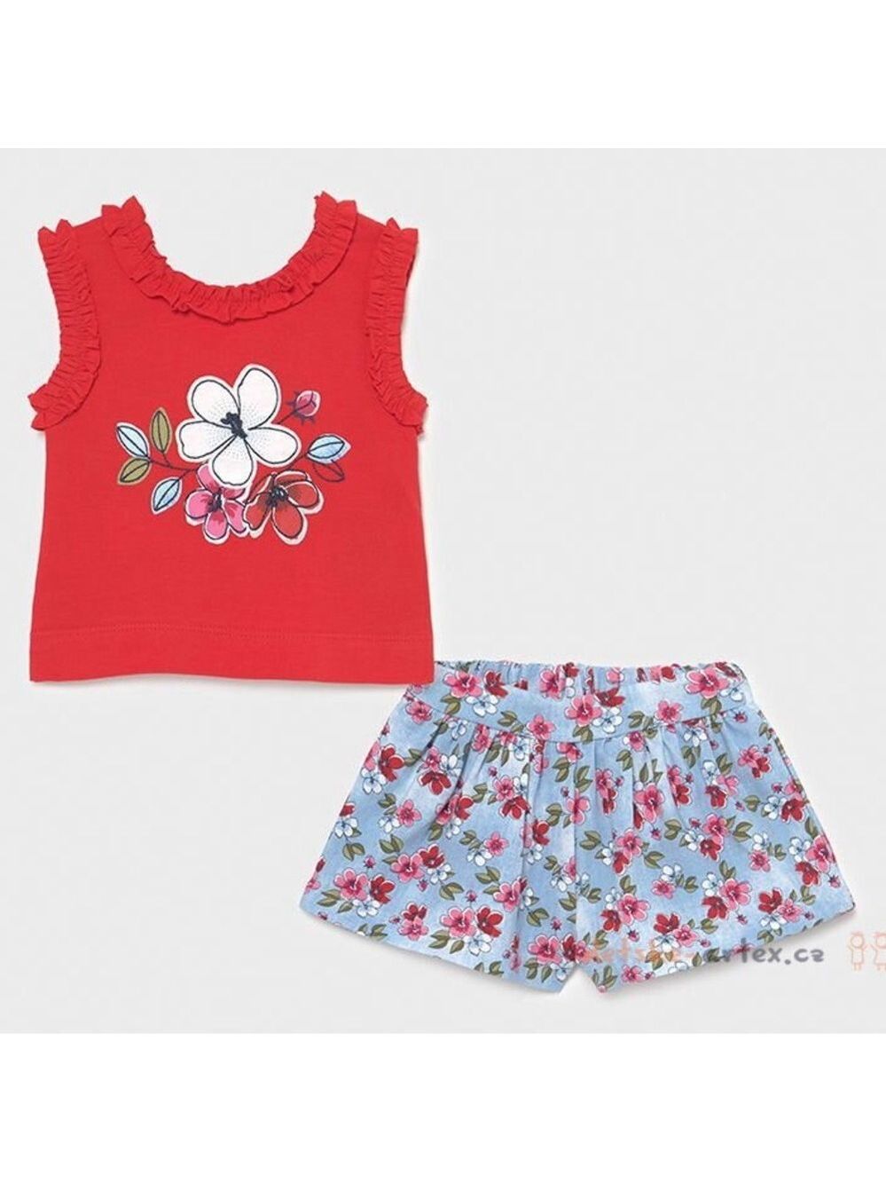 Size 12 months Baby Mayoral Red Top and Blue Floral Shorts Set